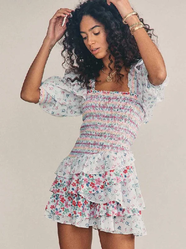 Wjczt Boho Inspired mixed floral prints ruffled party dress puff sleeve square neck smocked sexy laides dress mini chic summer dress Tunics Chic fashionable