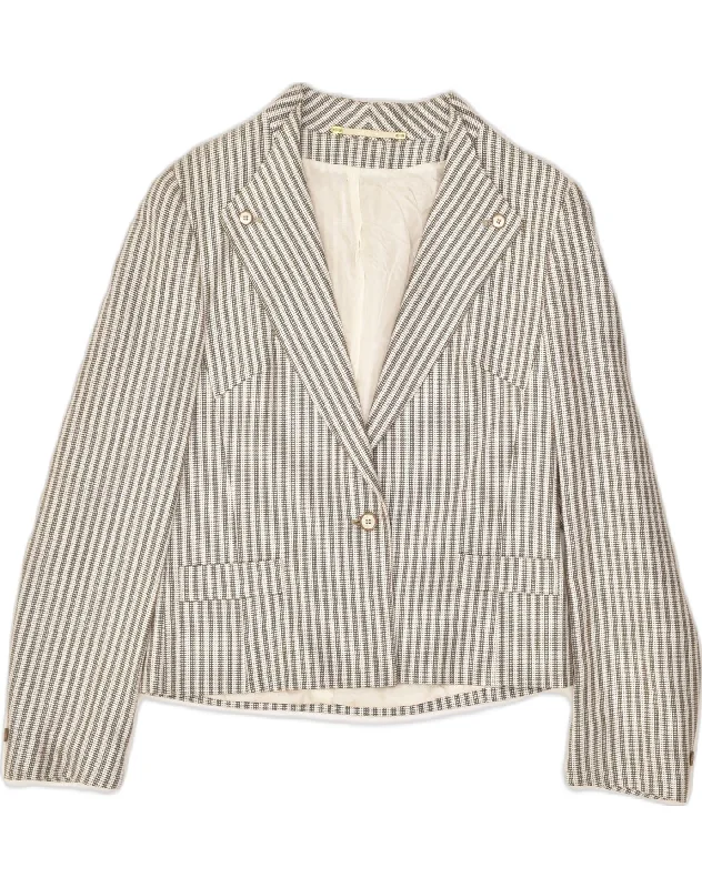GOLDIX Womens 1 Button Blazer Jacket UK 12 Medium Grey Striped Viscose Front Pockets Side Pockets Patch Pockets