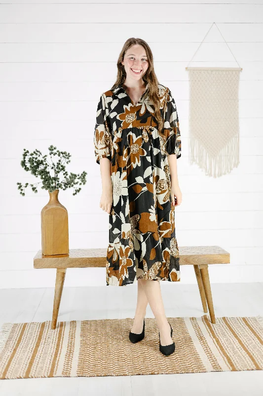 Beth Floral Dress - Camel Mix Turtleneck Neckline Stylish