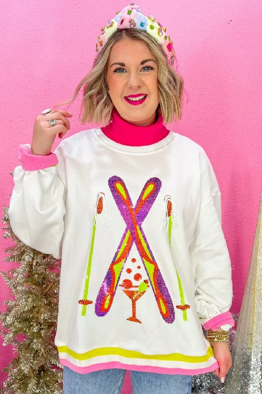 Crossing Ski & Cocktail Sweatshirt - White Hoodie with Hem Raw Edge Edgy Unfinished