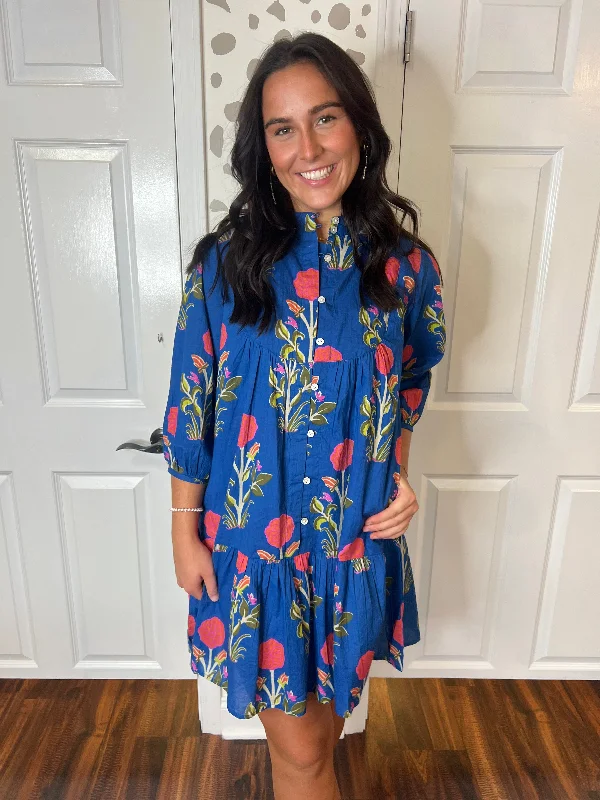 Blue Floral Print Dress Maxi Flowy Bohemian