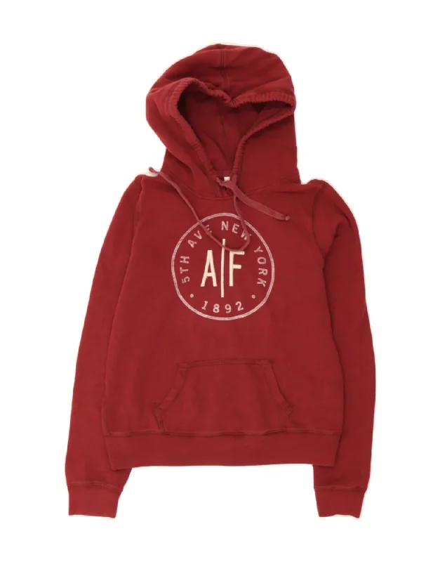 ABERCROMBIE & FITCH Womens Graphic Hoodie Jumper UK 14 Medium Burgundy Hoodie with Hem Drawcord Adjustable Customizable