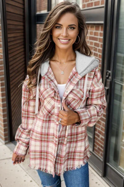 Plaid Raw Hem Drawstring Hooded Jacket Mesh Jacket Canvas Jacket Denim Jacket
