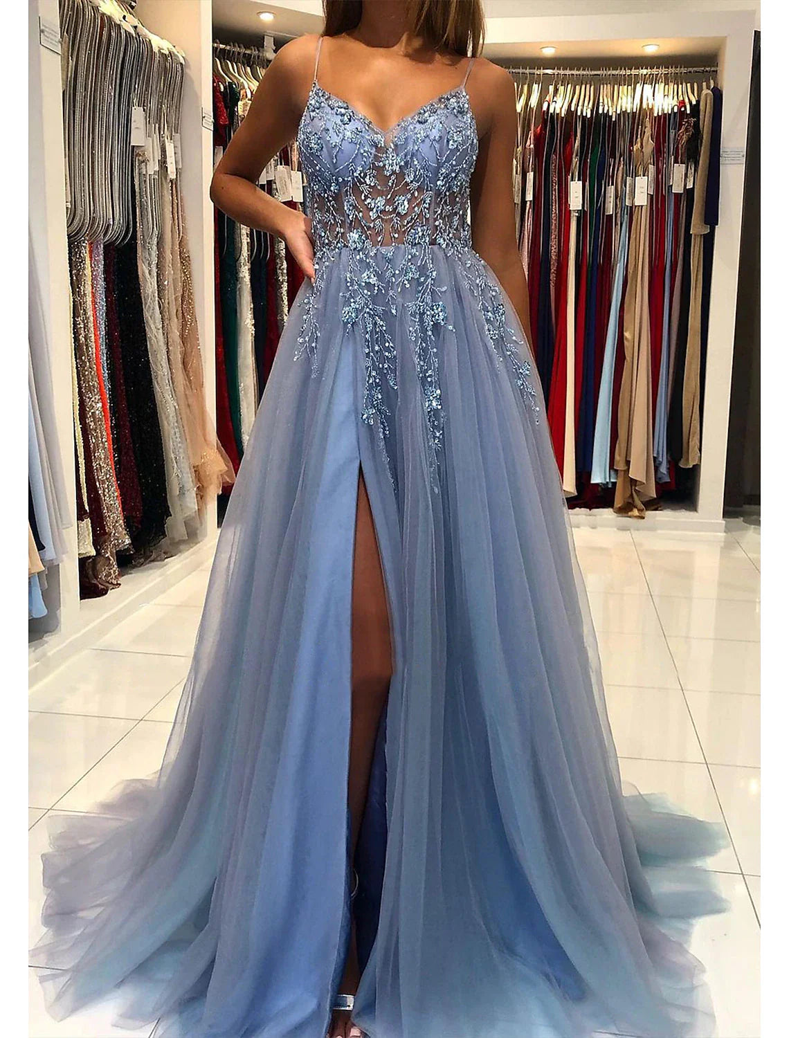 A-Line Prom Party Dress Princess Dress Formal Prom Court Train Sleeveless V Neck Tulle with Beading Tunics Brand named
