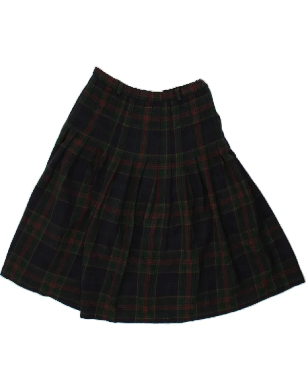 VINTAGE Womens High Waist A-Line Skirt UK 18 XL W34  Green Check Wool casual skirt length
