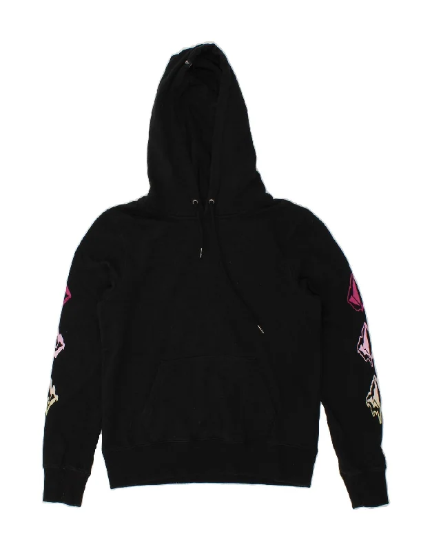 VOLCOM Womens Graphic Hoodie Jumper US 4/6 Small Black Cotton Hooded Sweatshirt Casual Wear Street Style