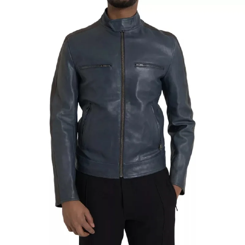 Blue Leather Full Zip Biker Blouson Jacket Anorak Shell Jacket Lightweight Jacket