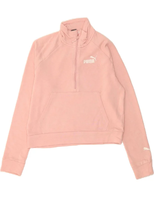 PUMA Womens Crop Zip Neck Sweatshirt Jumper UK 14 Medium Pink Hoodie with Raw Hem Edgy Unfinished