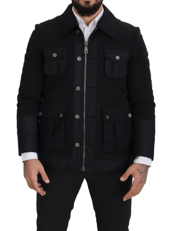 Elegant Full Zip Black Wool Blend Jacket Front Pockets Side Pockets Patch Pockets