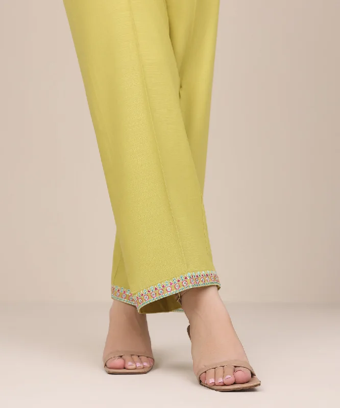 Embroidered Raw Silk Pants Fashionable Button-Up Pants