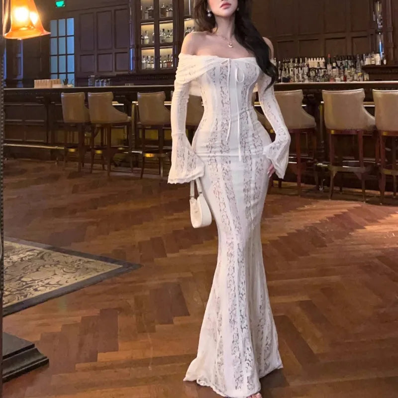 Wjczt Sexy Bodycon Lace Long Dresses for Women Flare Sleeve Slash Neck Slim Mermaid Evening Party Dress Autumn New Prom Robe Vestidos Turtleneck Neckline Stylish