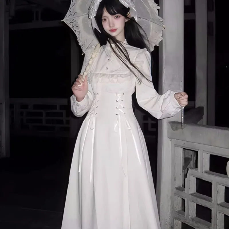 Wjczt Japanese Style Kawaii Lace-up Midi Dresses Women Princess Party Dress Long Sleeve O-neck High Waist Y2K Gothic Vestidos Mujer Square Neckline Feminine