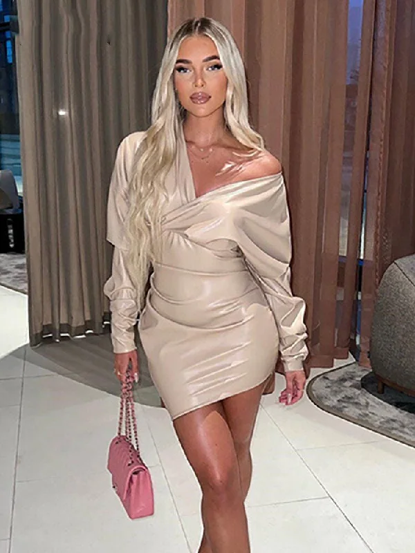 Off Shoulder Pu Leather Black Party Dress Bodycon Women Mini Long Sleeve Club Outfits Tunics Denim casual