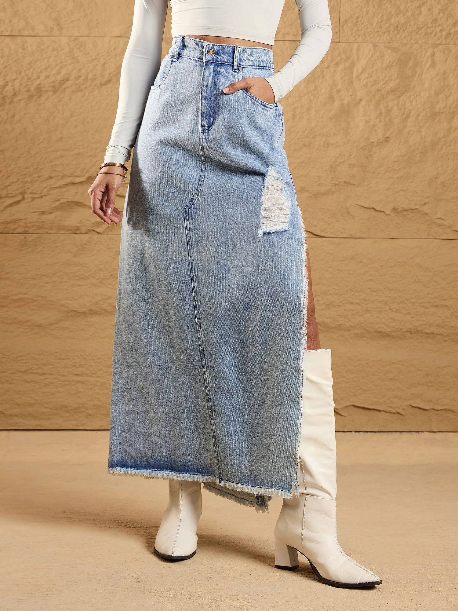 Women Ice Blue Distressed Side Slit Maxi Skirt-SFSKRT30455 ribbed skirt waist