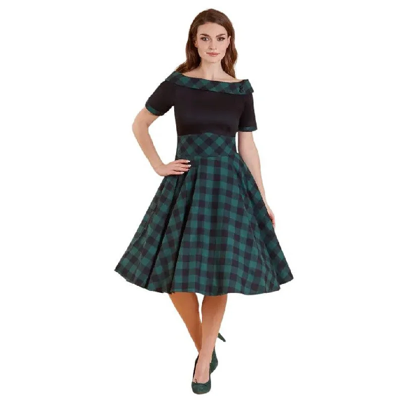 Darlene Retro Black & Green Tartan Swing Dress Tunics Silk luxurious