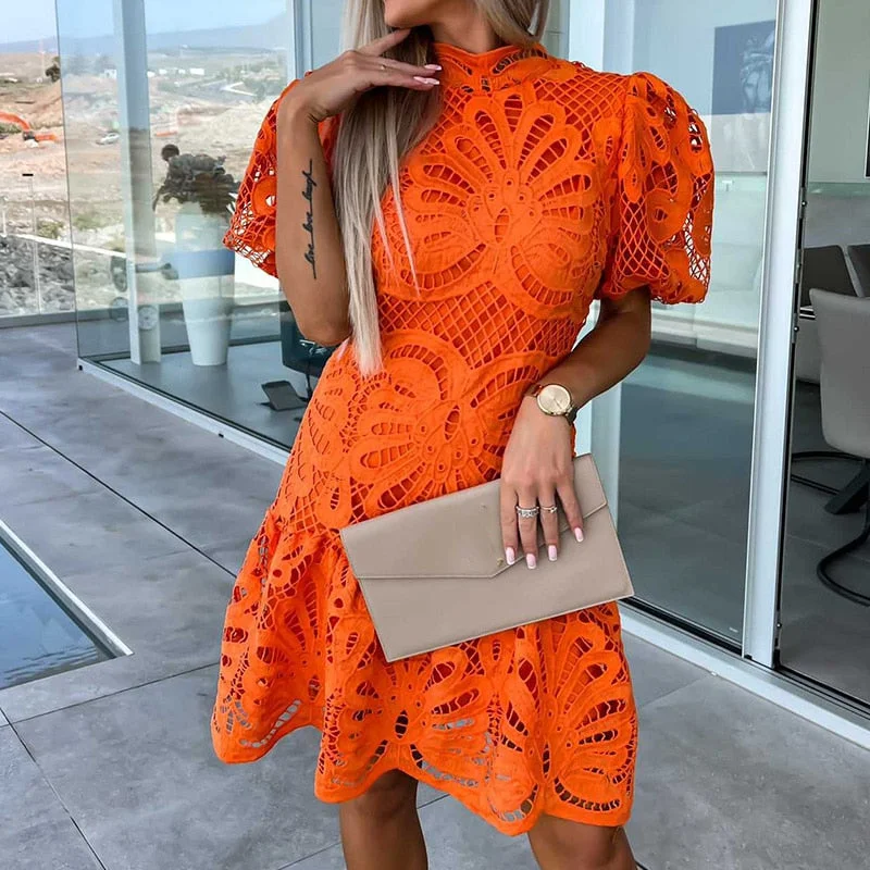 Wjczt Women Fashion Embroidery Hollow Lace Mini Dress Casual Puff Short Sleeve Party Dress Elegant Half High Neck Solid Ruffle Dresses Tunics Seasonal trendy