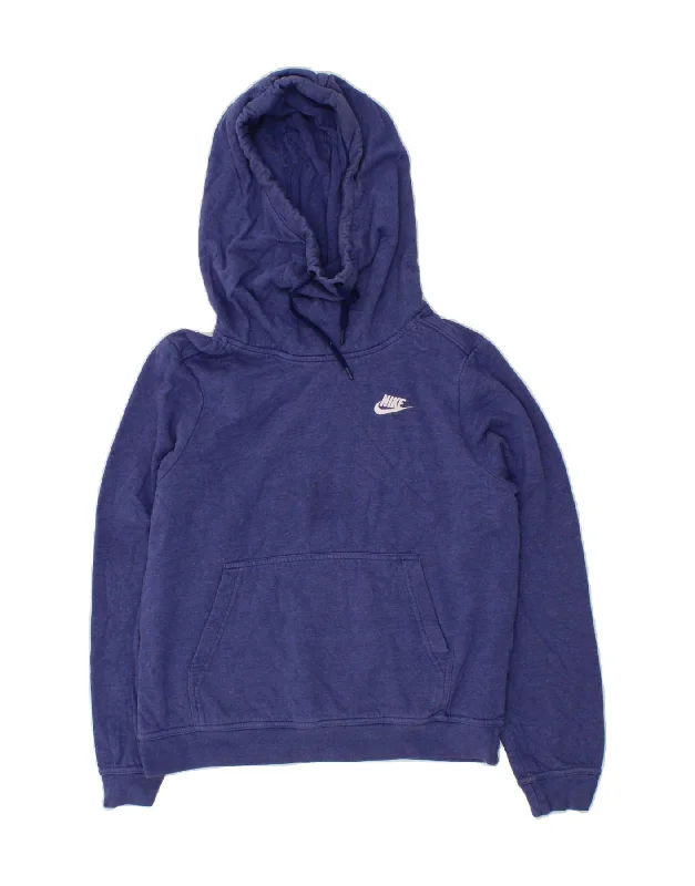 NIKE Womens Hoodie Jumper UK 10 Small Navy Blue Cotton Hoodie with Drop Shoulder Relaxed Streetwear