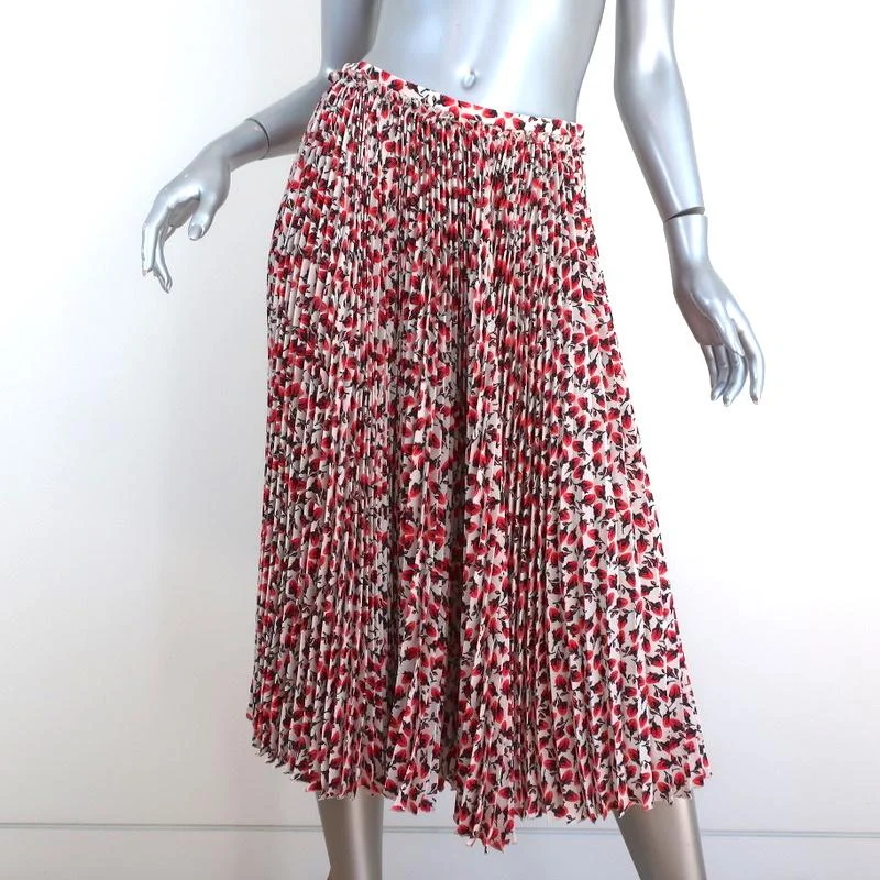 Rochas Pleated Midi Skirt White/Red Roses Print Silk Chiffon Size 42 NEW boho skirt vibe