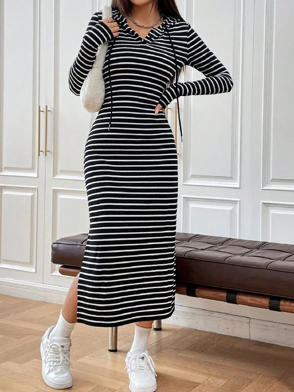 Hazel Blues® |  Drawstring Striped Long Sleeve Hooded Dress Tunics Floral girly