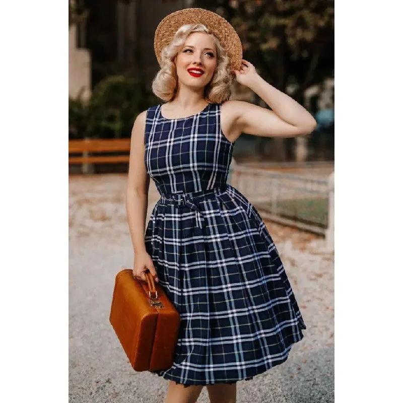 Annie Retro Check Swing Dress in Navy Blue Crew Neckline Casual