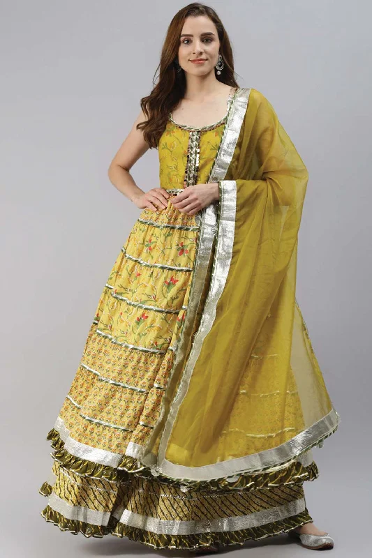 Yellow Cotton Sleeves Less Anarkali Skirt Set With Dupatta lace skirt feminine