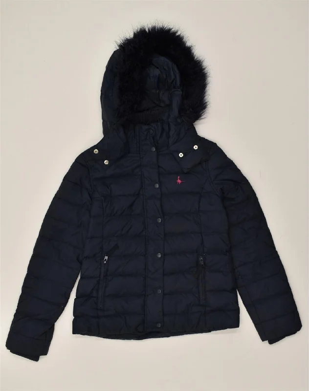 JACK WILLS Womens Hooded Padded Jacket UK 10 Small Navy Blue A-Line Jacket Boat Neck Shawl Collar