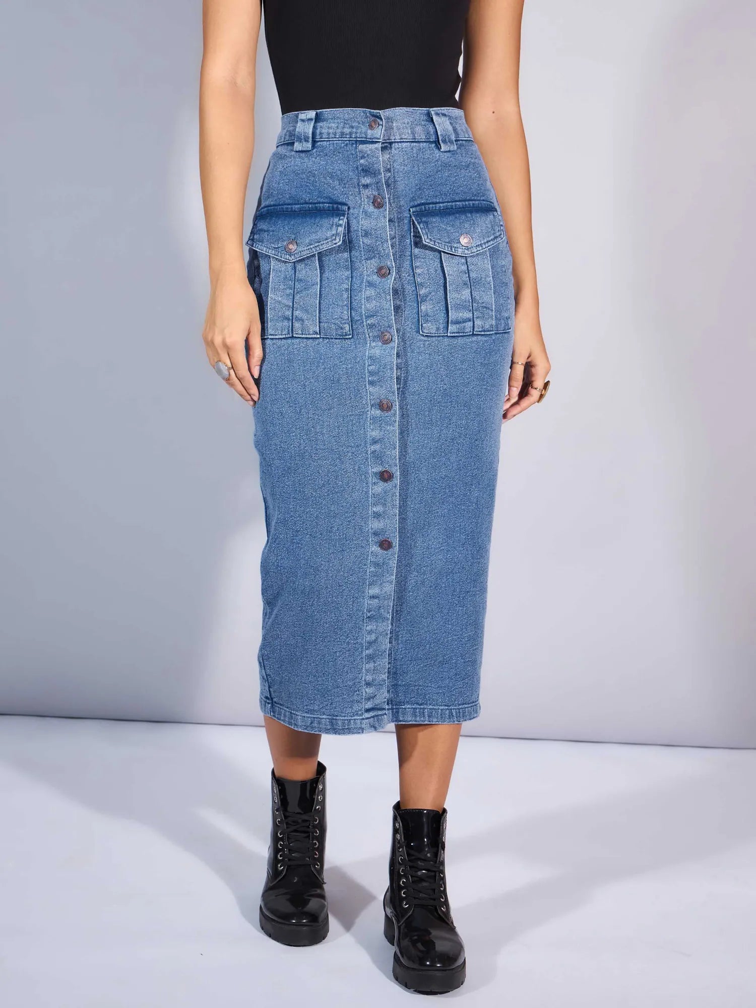 Women Blue Washed Denim Front Button Midi Skirt-SFSKRT30454 silk skirt sleek