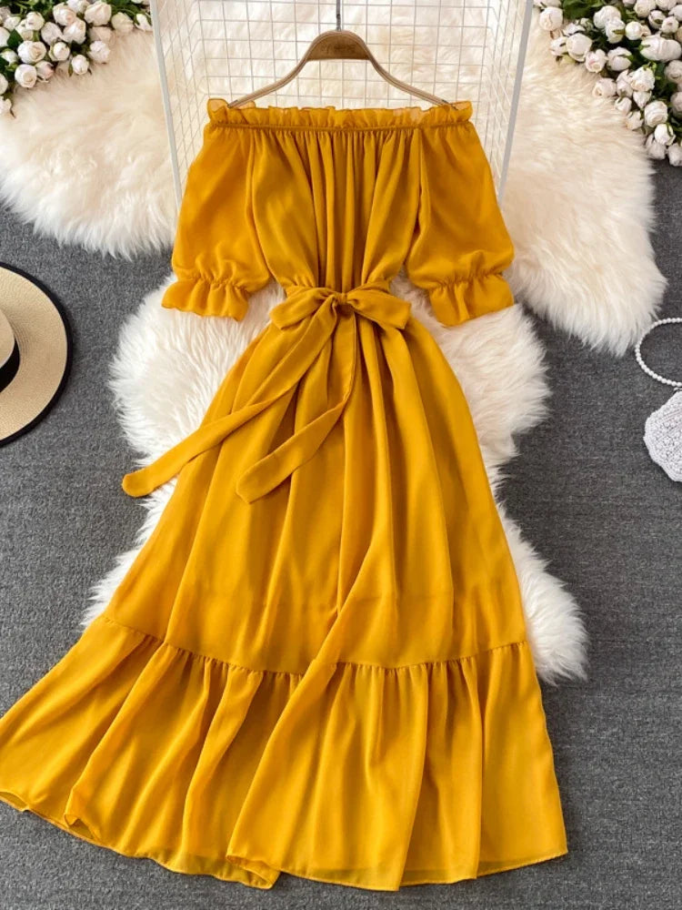 Wjczt Beach Dress Women Sexy Off The Shoulder Slash Beach Chiffon Dresses Ladies Elegant A Line Bandage Party Dress Long Robe Shift Classic Vintage