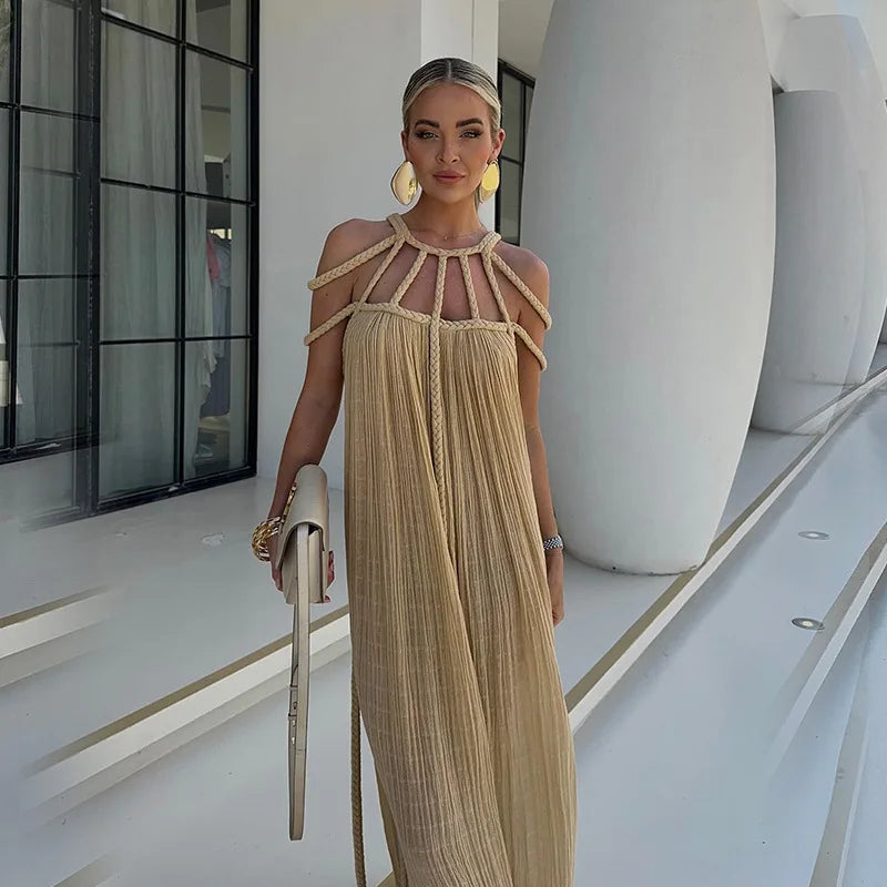 Wjczt Hollow Out Long Dress Women 2024 Summer Fashion Sleeveless Perspective Maxi Dresses Elegant Loose Backless Chic Party Dresses Lace Sexy Club