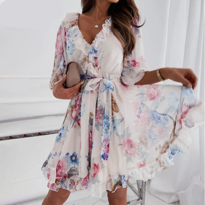 Wjczt Women's Floral Print Half Sleeve Sexy Mini Party Dress Backless Ruffle Spring Summer Dress 2022 Casual Female Clothing Tunics Sale discount