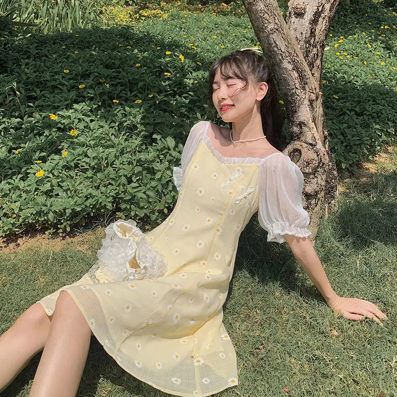 Wjczt Yellow Floral Vintage Dress Women Patchwork Chiffion Puff Sleeve Sweet Fairy Dress Female Elegant Korean Party Dress 2024 Summer Bodycon Fitted Nightout