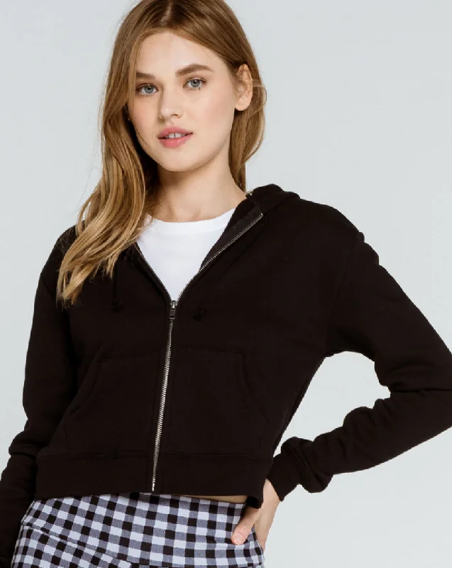 Essential Womens Black Crop Zip Hoodie Hoodie with Hem Patch Decorative Personalized