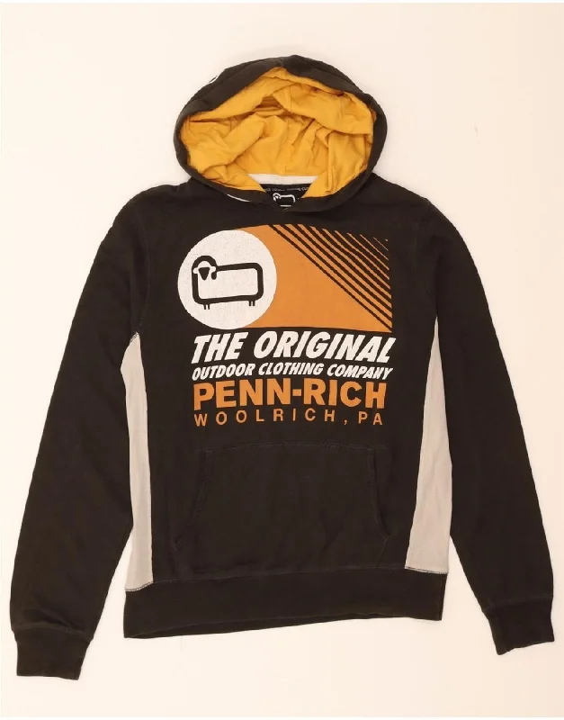 WOOLRICH Womens Graphic Hoodie Jumper UK 14 Medium Black Colourblock Hoodie with Hem Raw Edge Edgy Unfinished