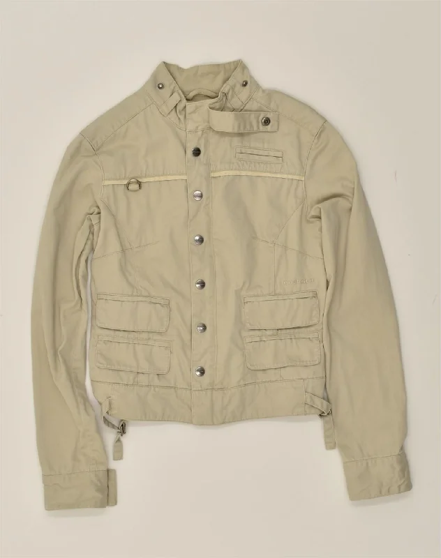 WOOLRICH Womens Military Jacket UK 6 XS Beige Cotton Zippered Front Buttoned Front Snap Front