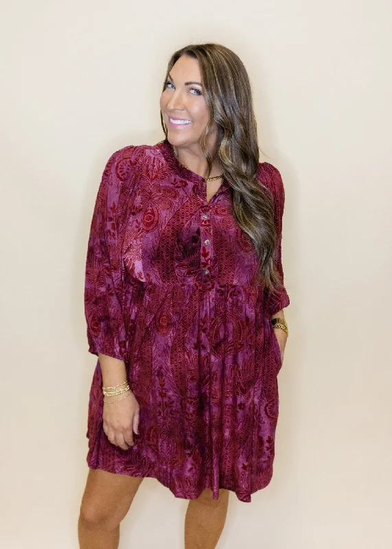 Burgundy Velvet Jacquard Dress Tunics Leisure comfortable