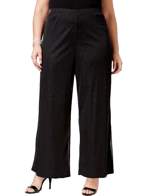 Plus Womens Sparkle Mesh Palazzo Pants Comfy Zip-Up Pants
