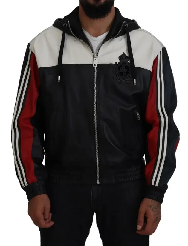 Black Leather Hooded Blouson Coat Jacket Denim Fabric Leather Fabric Suede Fabric