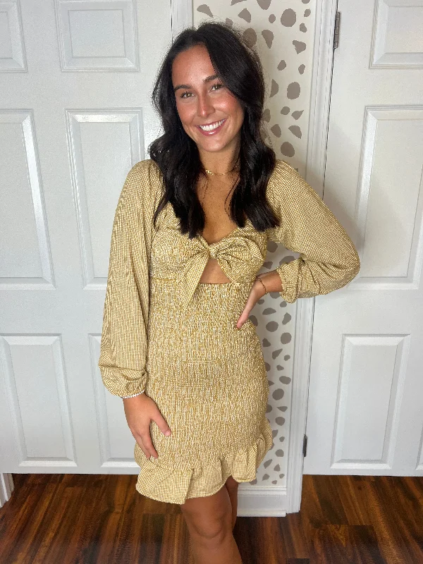 Mustard Check Smocked Dress Shift Classic Vintage
