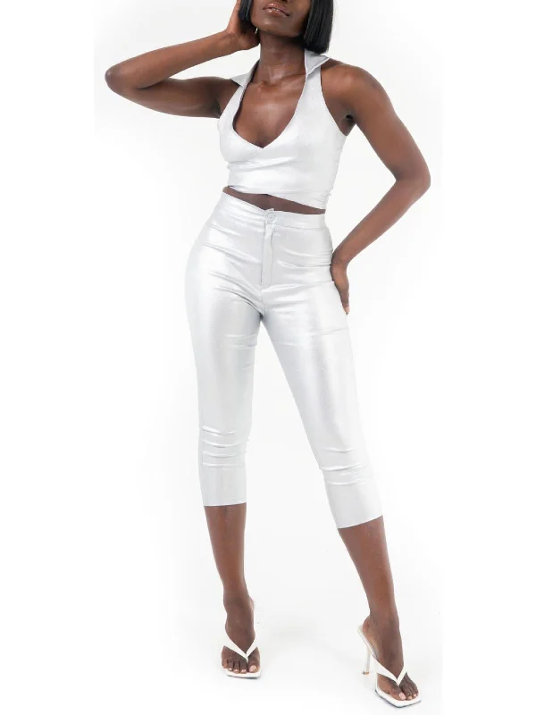 Womens Shimmer High Rise Capri Pants Relaxed Casual Leggings