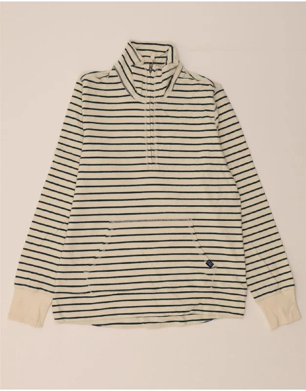 L.L.BEAN Womens Oversized Sweatshirt Jumper UK 6 XS Off White Striped Hoodie with Distressed Vintage Worn