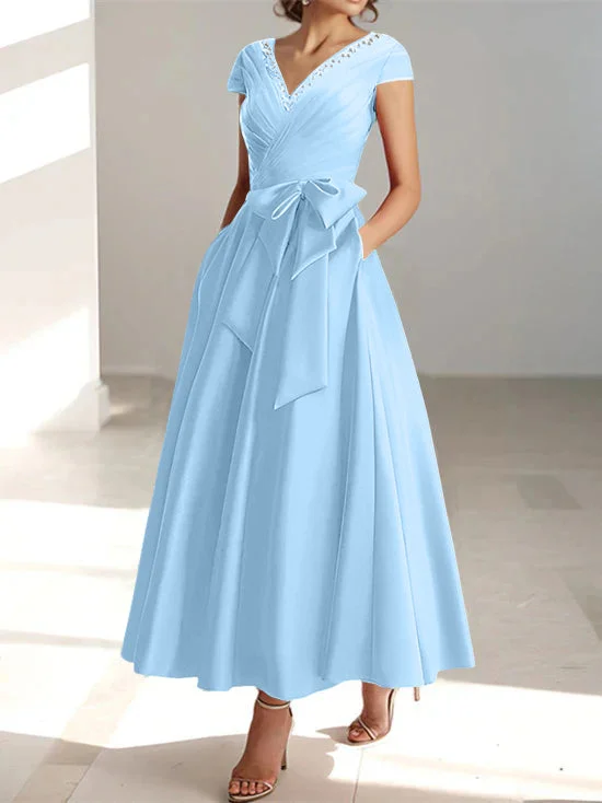 A-Line/Princess V-Neck Short Sleeves Ankle-Length Mother of the Bride Dresses With Pockets & Ruffles Tunics Versatile all-occasion A-Line/Princess V-Neck Short Sleeves Ankle-Length Mother of the Bride Dresses With Pockets & Ruffles Tunics Versatile all-occasion