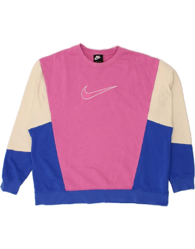 NIKE Womens Oversized Graphic Sweatshirt Jumper UK 18 XL Pink Colourblock Hoodie with Half-Zip Sporty Casual