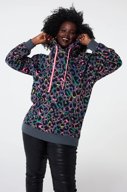 Grey with Rainbow Shadow Leopard Longline Hoodie Hoodie with Frayed Bohemian Relaxed