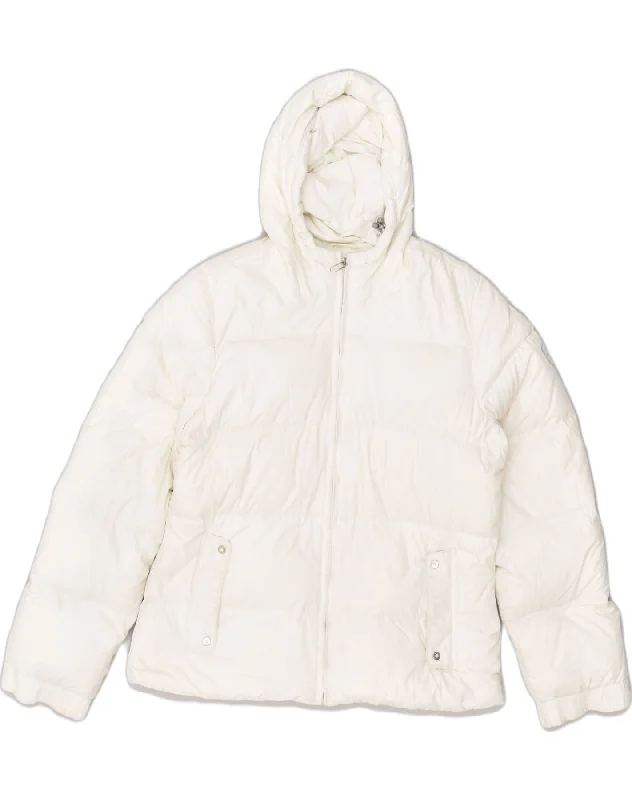 CHAMPION Womens Hooded Padded Jacket UK 16 Large White Polyester Print Jacket Jacquard Jacket Patchwork Jacket