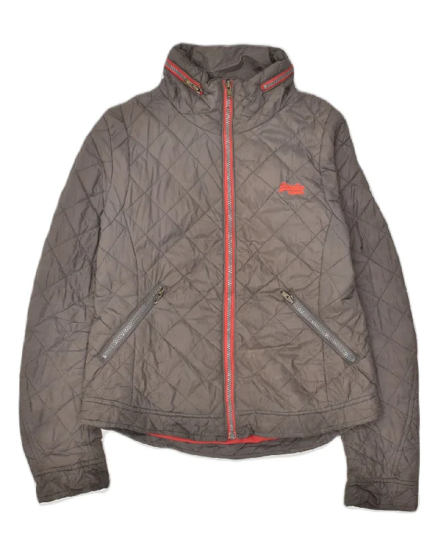 SUPERDRY Womens Padded Jacket UK 12 Medium Grey Nylon Notch Collar Jacket Peter Pan Collar Jacket Cowl Neck Jacket