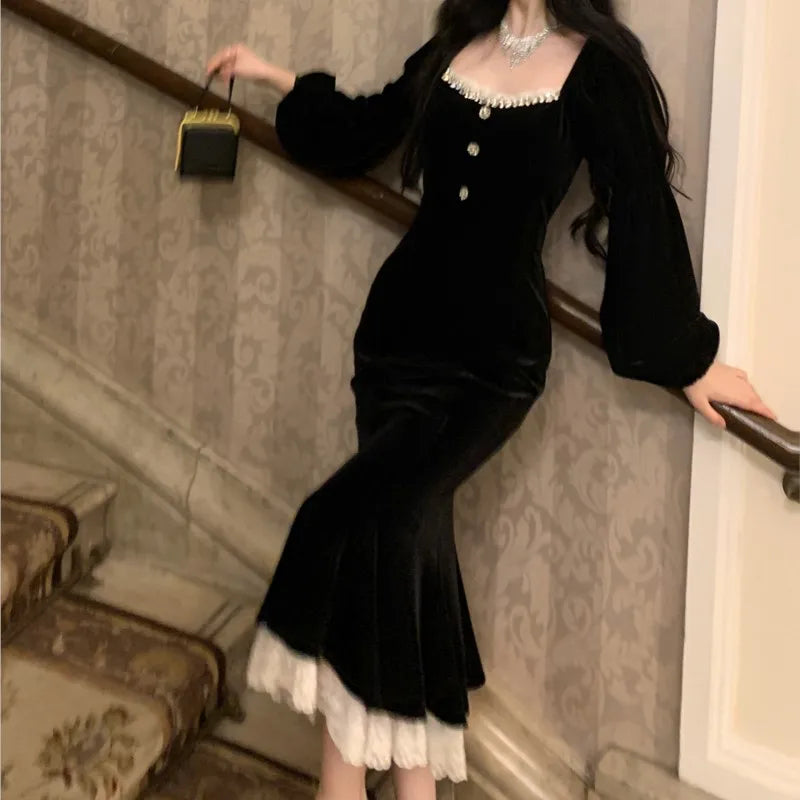 Wjczt Elegant Black Velvet Midi Dresses for Women Square Collar Slim Bodycon Ruffles Patchwork Fishtail Autumn New Evening Party Dress Crew Neckline Casual