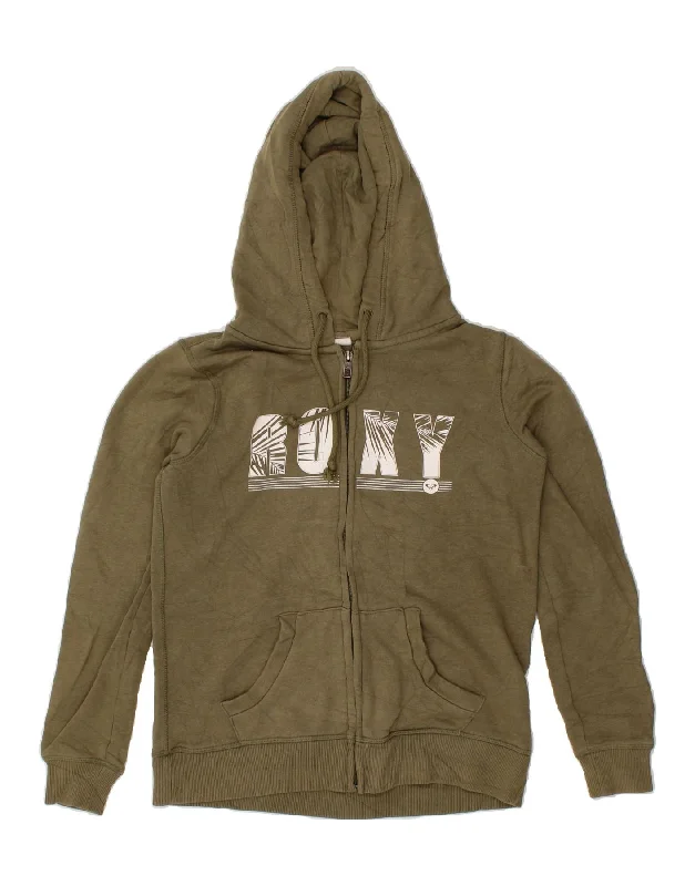ROXY Womens Graphic Hoodie Jumper UK 10 Small Khaki Cotton Hoodie with Bell Sleeves Flared Feminine