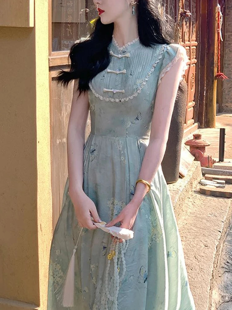 Wjczt Elegant Vintage Floral Slip Dress Women Ruffles Design Korean Style Long Fairy Dress Female 2024 Summer Casual Chic Party Dress Glittery Long Formal