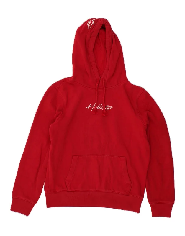 HOLLISTER Womens Graphic Hoodie Jumper UK 10 Small Red Cotton Hoodie with Fur Luxurious Winter
