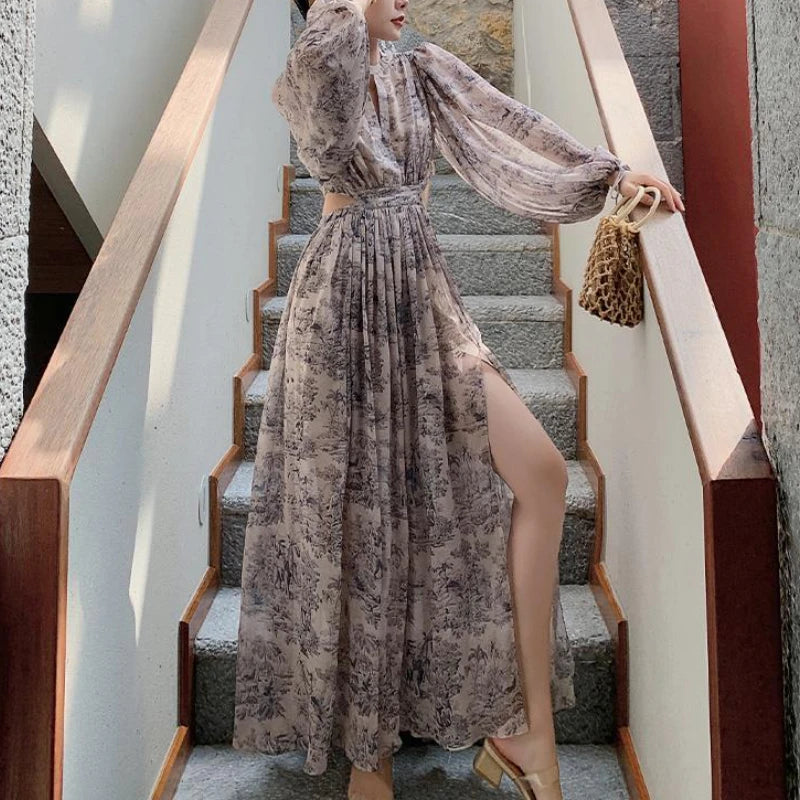 Wjczt Vintage Beach Floral Maxi Dress Women Elegant Hollow Out Korean Holiday Split Dress Female Casual Long Sleeve Fairy Party Dress sweetheart Neckline Romantic